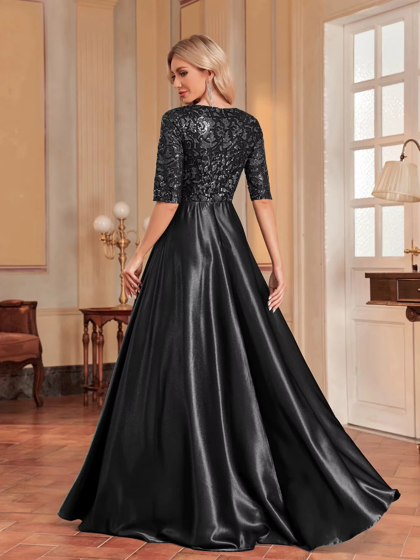 Luxury Black Short Sleeve Satin Splicing V-Neck Evening Dresses Women Sequins elegant Party Floor Lenght Cocktail Gowns