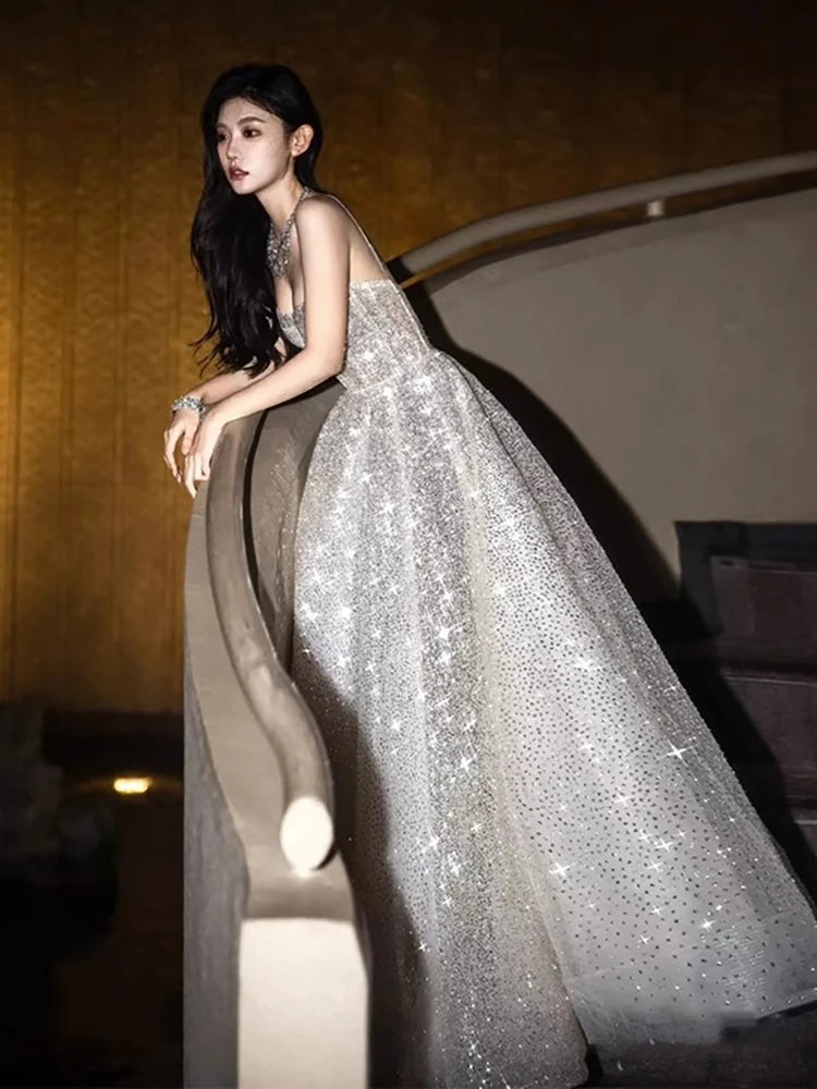 DEAT Fashion Silver Sequined Strapless Dress Women's Slach Neck Slim Fit High Big Swing Ankle-length Dresses New 7A438