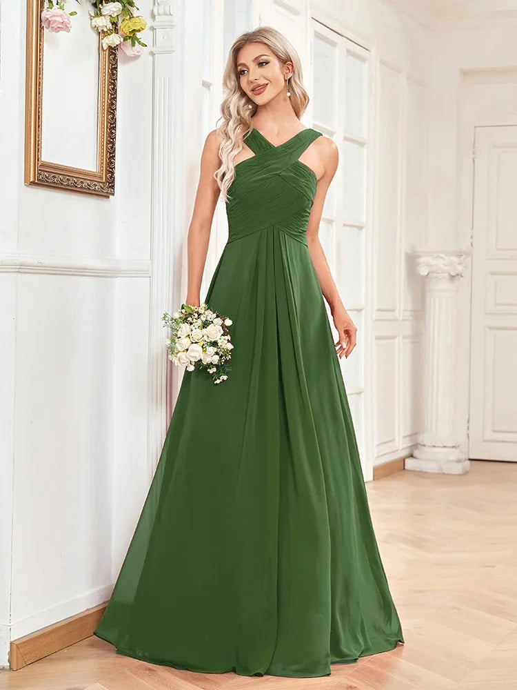 Elegant Chiffon Green Formal Evening Dresses 2025 Women Backless Wedding Party Bridesmaid Floor-lenght Cocktail Gown