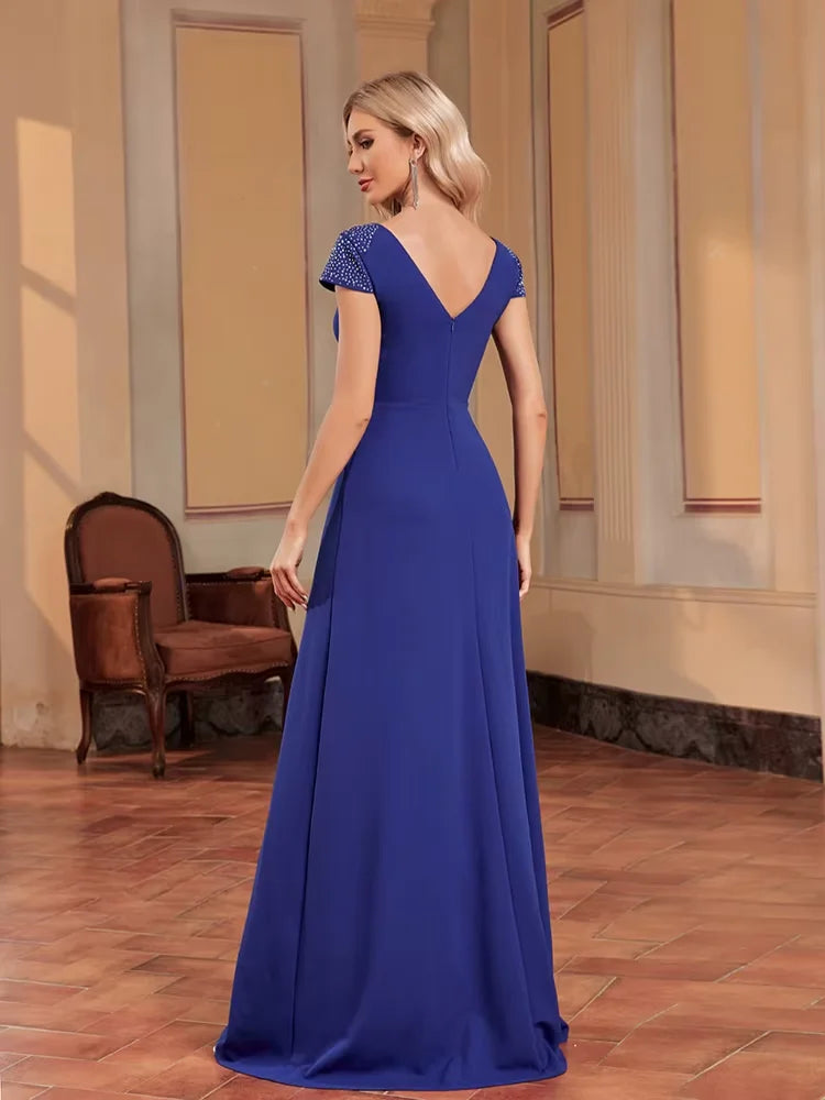 Elegant V-Neck Blue Mermaid Evening Dress Women Luxury Short Sleeves Party Dress Long Prom Cocktail Gown Vestidos