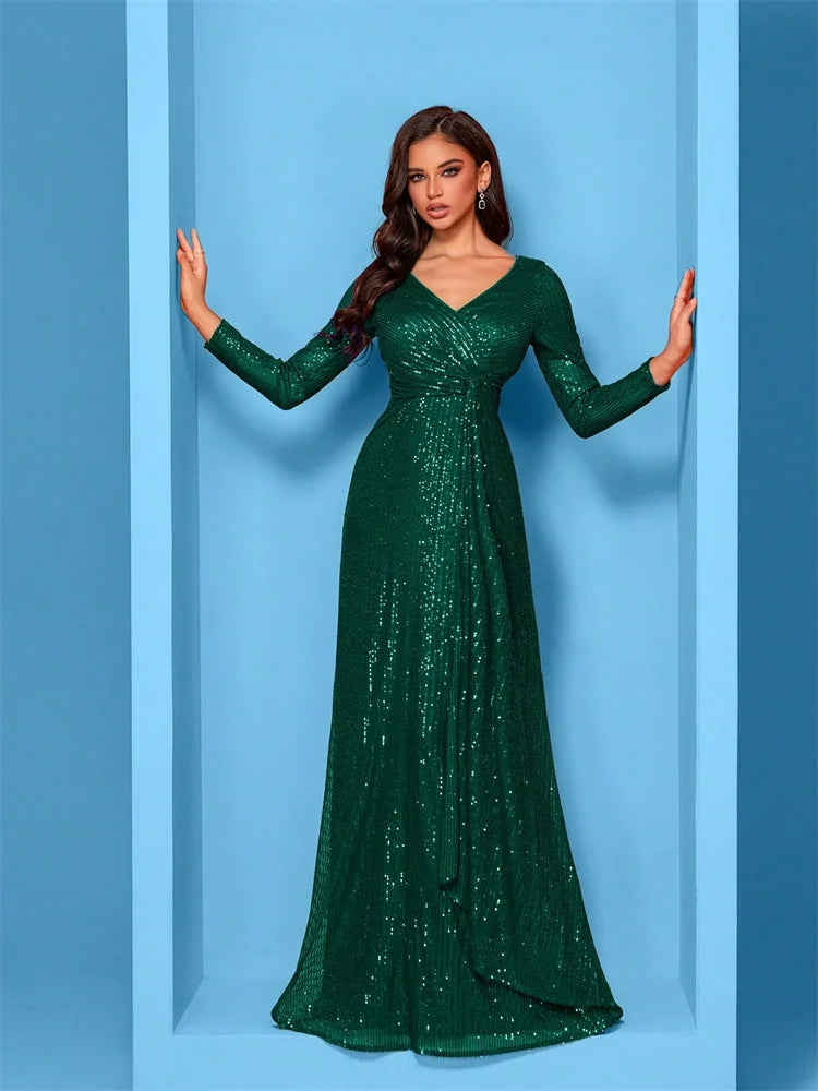 Luxury Floor Length V-Neck Evening Dress Women Elegant Party Maxi Dress Sequin Long Sleeves Prom Cocktail Dress Gowns