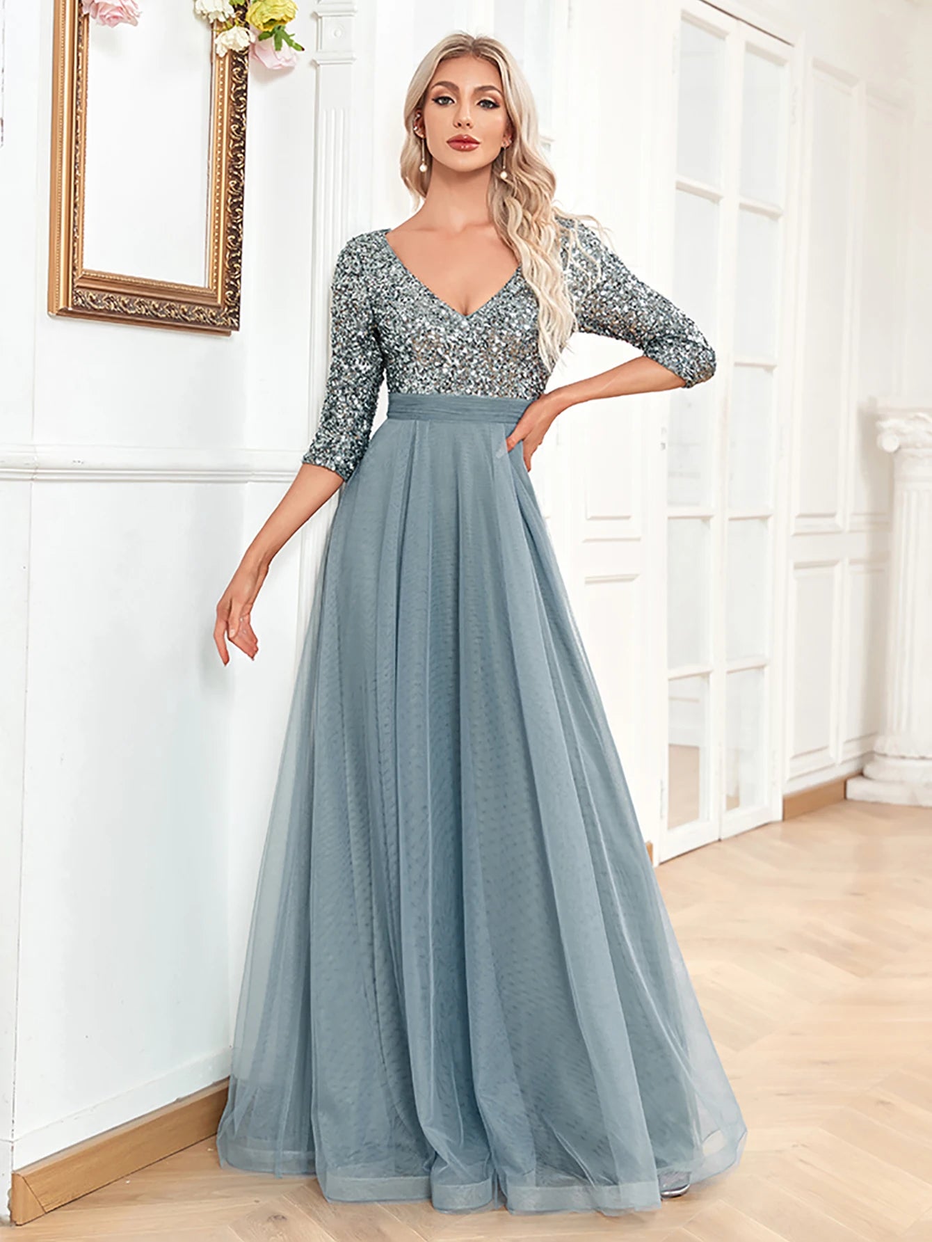 Luxury Floor Length V-Neck Tulle Splicing Evening Dress Women Elegant Party Maxi Sequins Short Sleeves Cocktail GownS