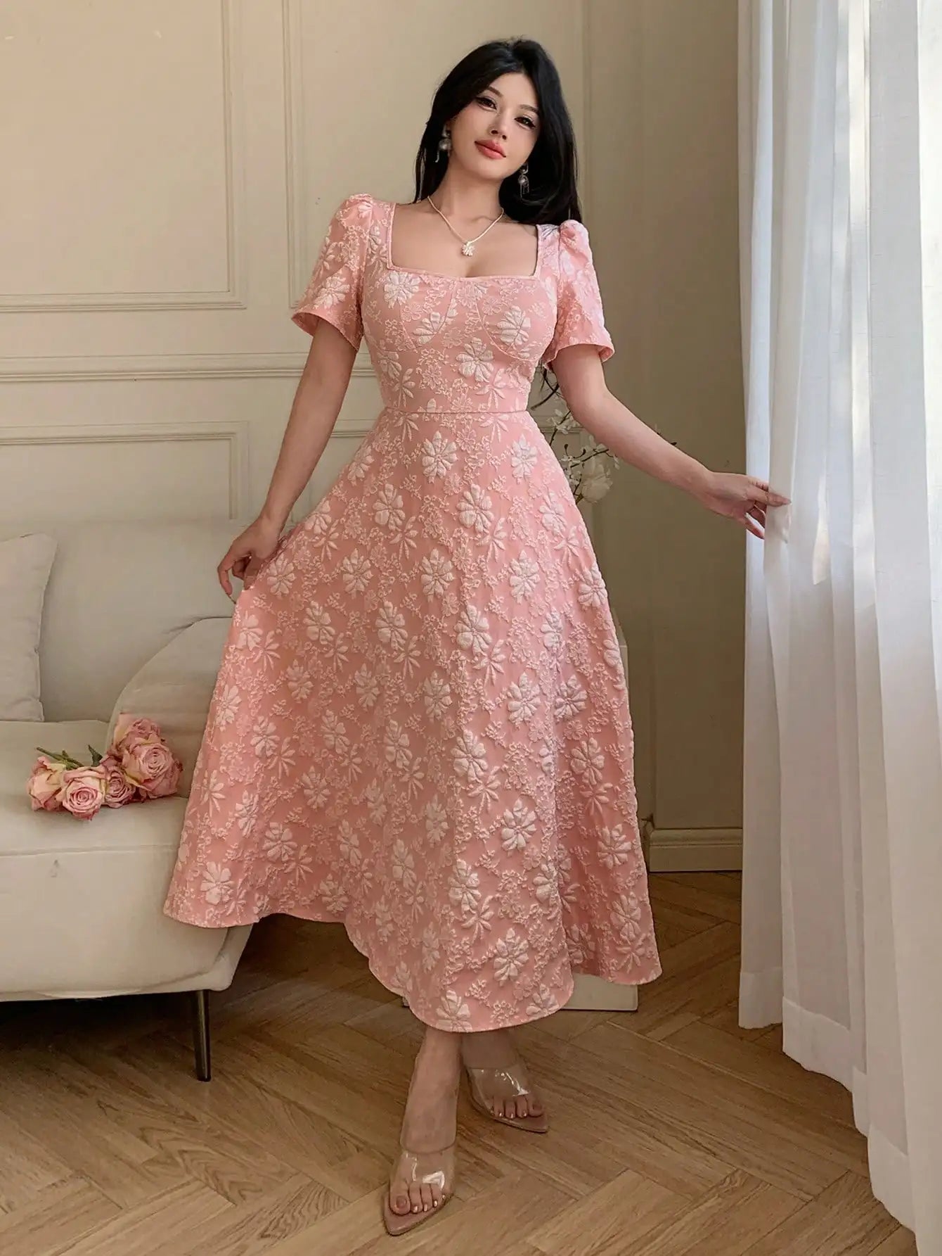 Pink Floral Jacquard A-Line Midi Dress with Square Neck and Puff Sleeves