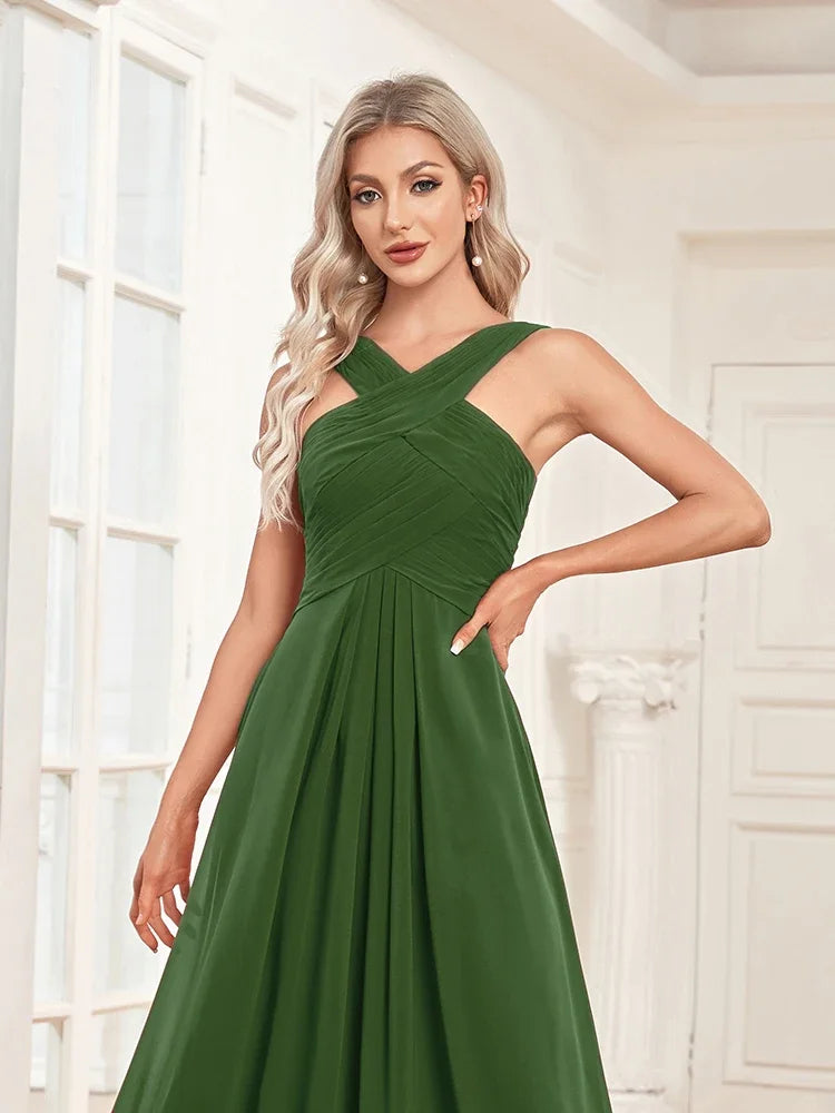 Elegant Chiffon Green Formal Evening Dresses 2025 Women Backless Wedding Party Bridesmaid Floor-lenght Cocktail Gown
