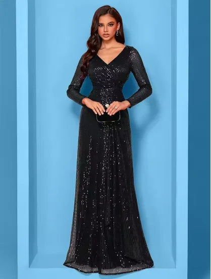 Plus Size Luxury V-Neck Long Sleeves Sequins Evening Dresses Women Elegant Party Maxi Cocktail Graduation Gowns