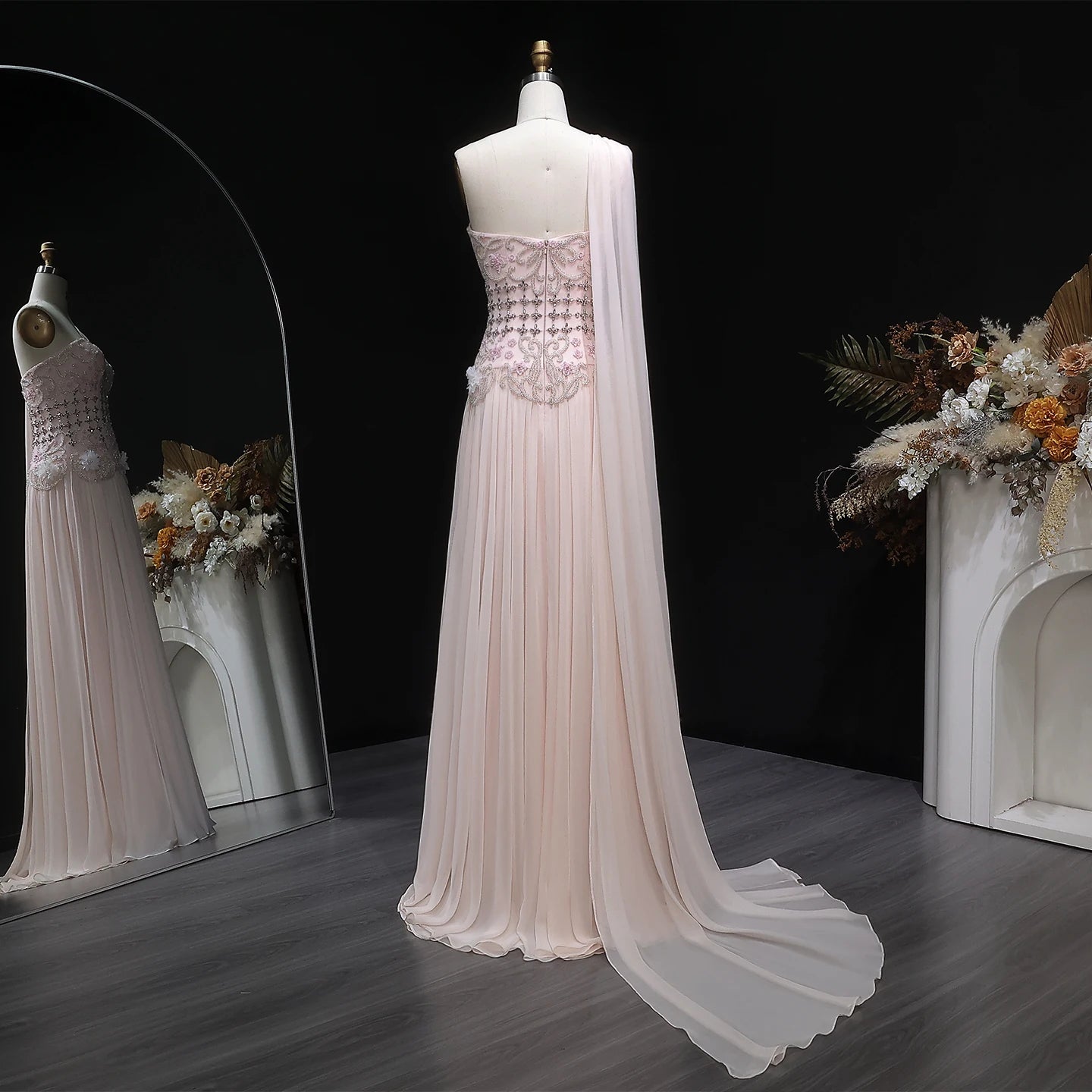 Sharon Said Elegant One Shoulder A Line Evening Dress with Cape 3D Flowers Crystal Beaded Formal Party Gowns SS285 Customized