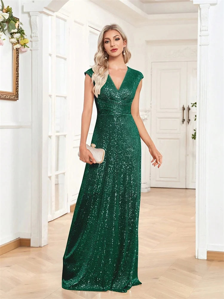 2025 Women Elegant V-neck Mermaid Evening Dress Floor Length Formal Blue Prom Party Gown Sequins Sleeveless Vestidos