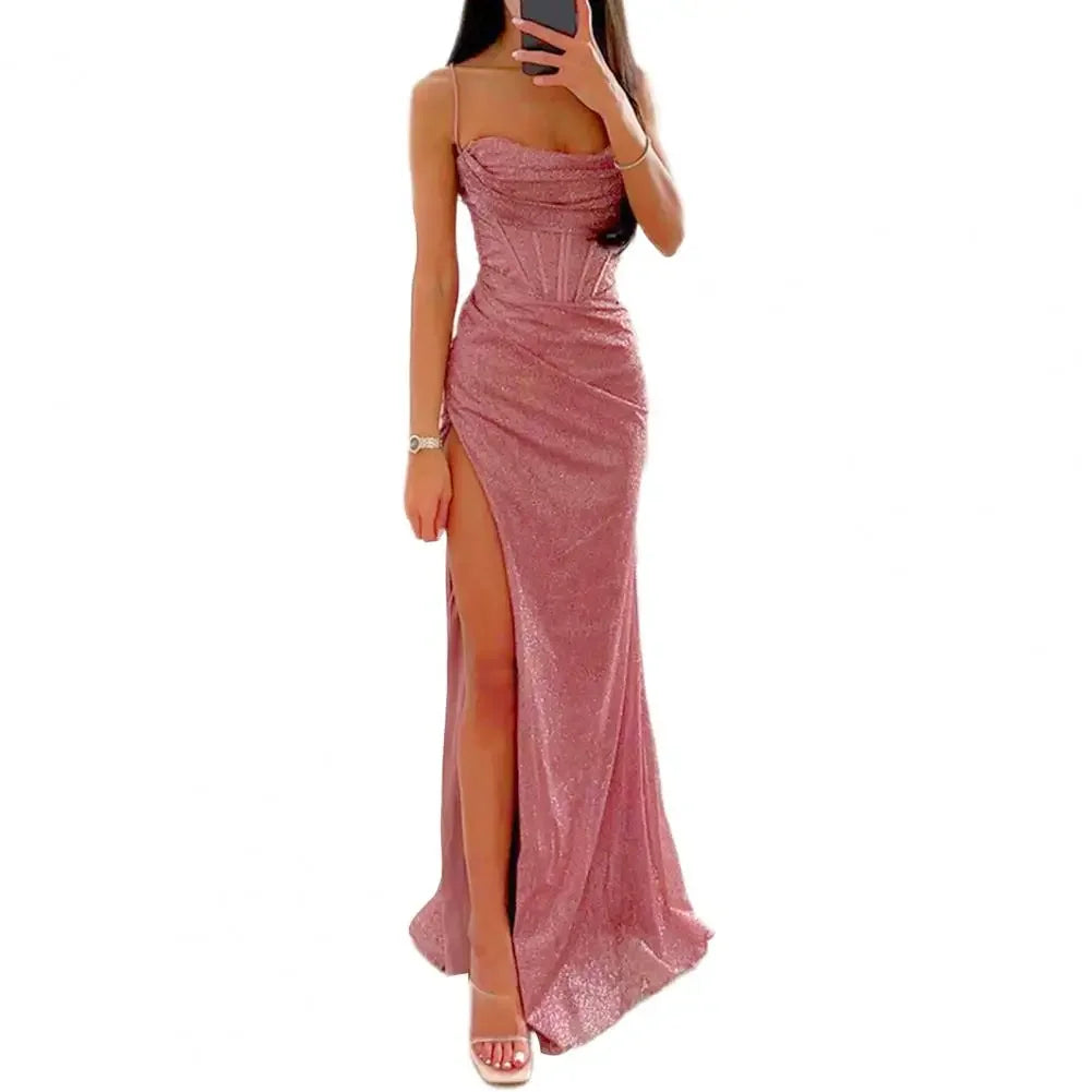 Women Evening Dress Spaghetti Strap Shiny Sequin Off Shoulder Sleeveless Low-cut High Split Loose Floor Length Women Prom Dress