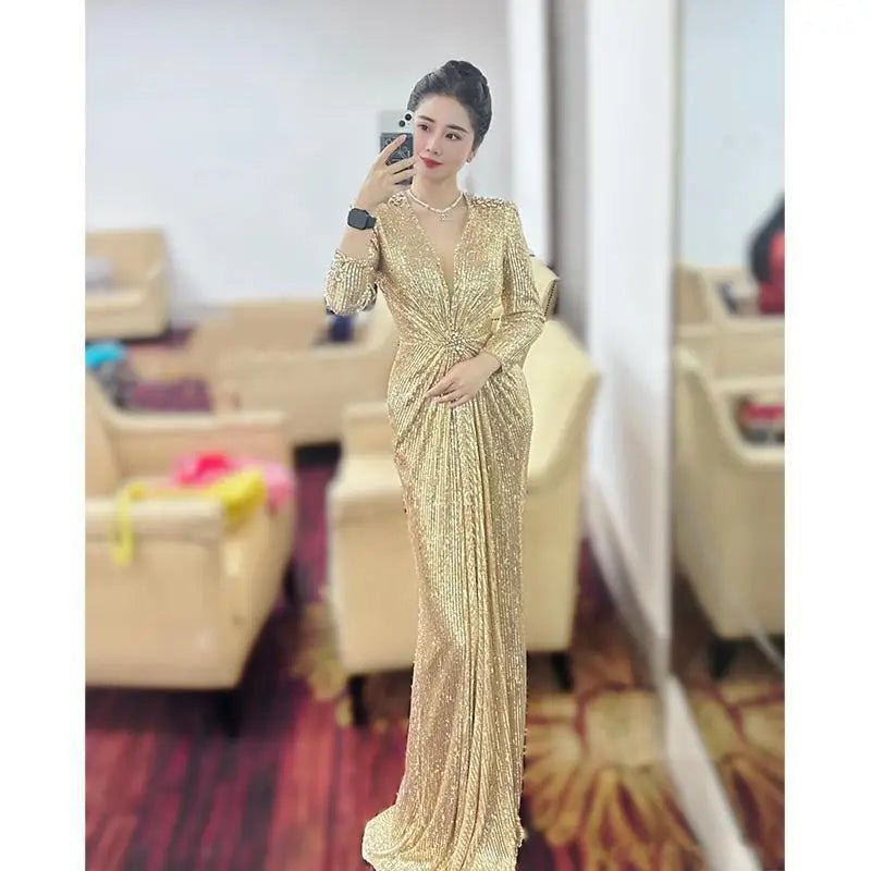 Sparkling sequin luxurious evening gown host, high temperament socialite evening vocal performance dress, long ball party dress
