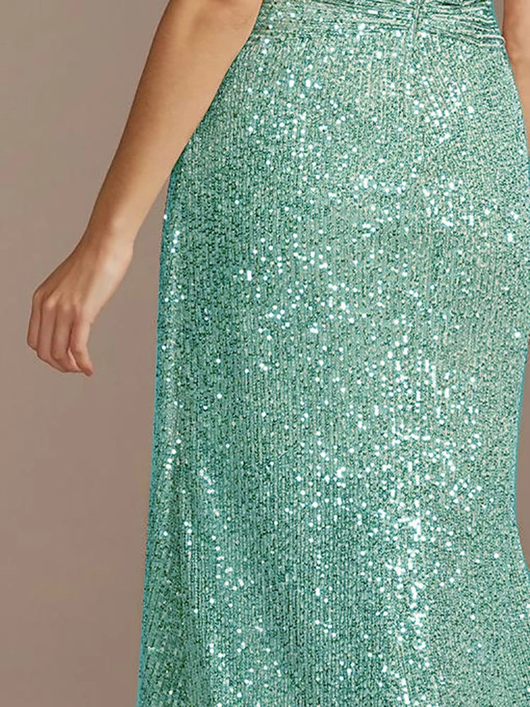 Luxury Floor Length V-Neck Evening Dresses Women Elegant Wedding Party Maxi Dress Sequins Short Sleeves Prom Cocktail Gowns