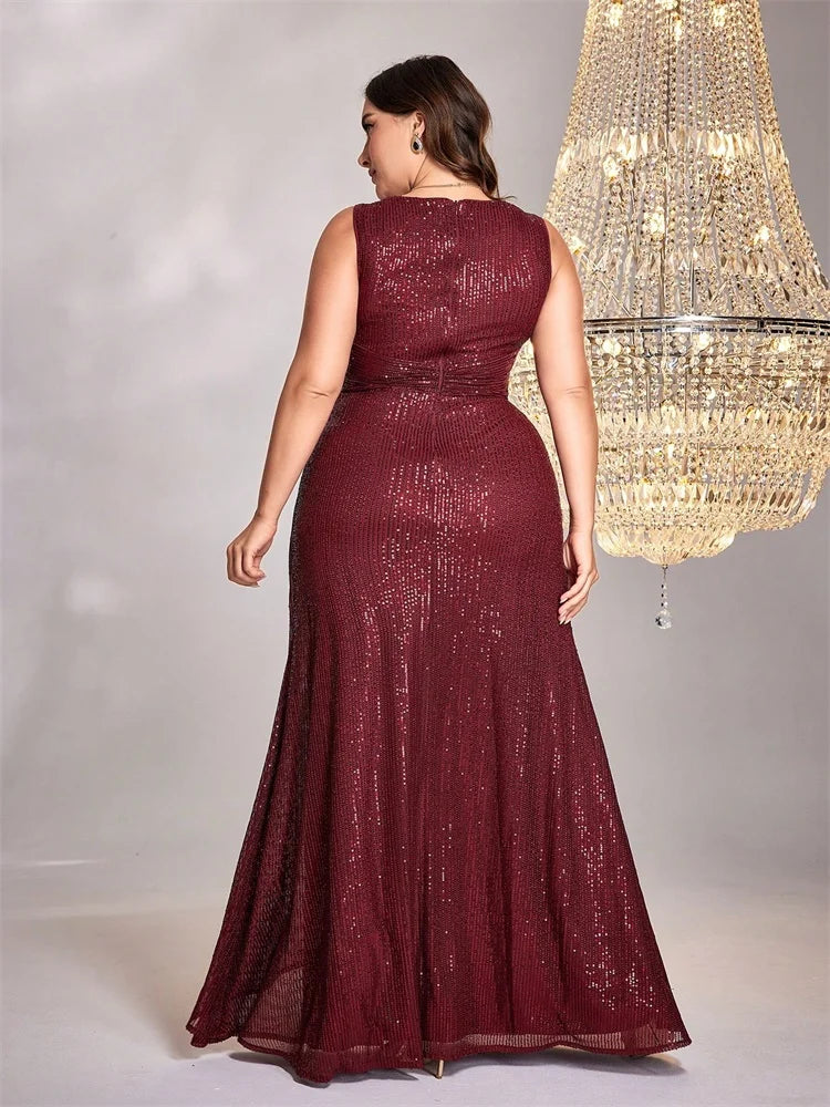 Plus Size Luxury Red V-Neck Sequins Graduation Evening Dresses Women Elegant Mermaid Wedding Party Floor-length Cocktail Gowns