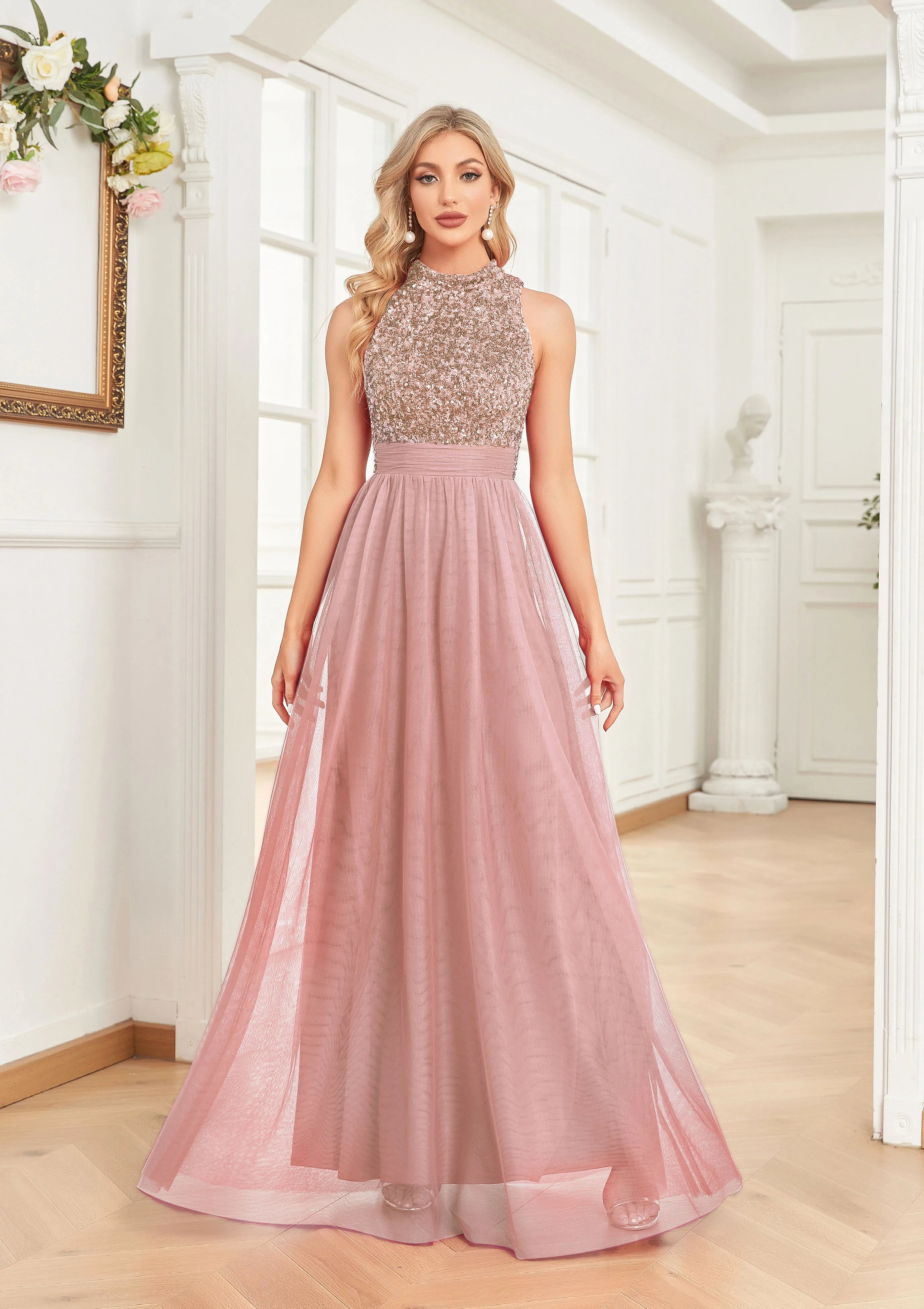 Elegant V-Neck Green Sequins Evening Dresses Long Luxury Women Tulle Sleeveless Wedding Party Cocktail Gowns