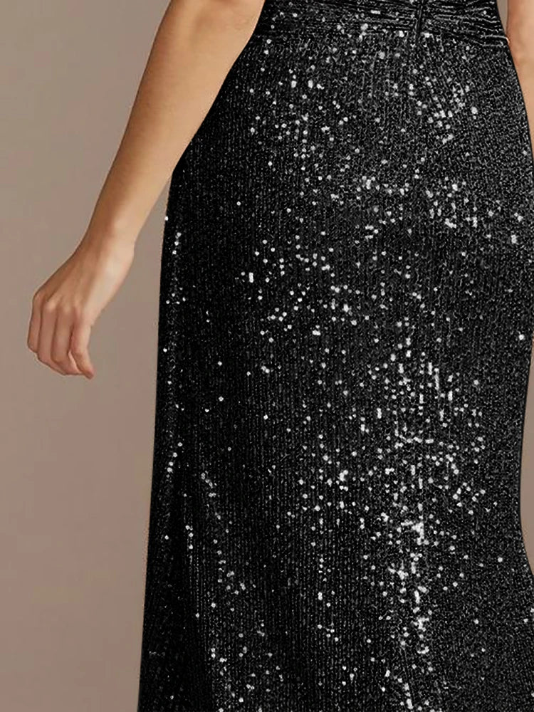 Luxury Floor Length V-Neck Evening Dresses Women Elegant Wedding Party Maxi Dress Sequins Short Sleeves Prom Cocktail Gowns