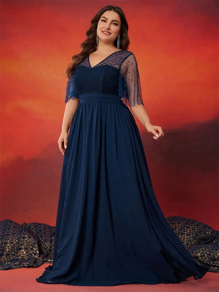 Plus Size Luxury V-Neck Chiffon Blue Evening Dress Women Elegant V-back Wedding Party Long Prom Cocktail Dress