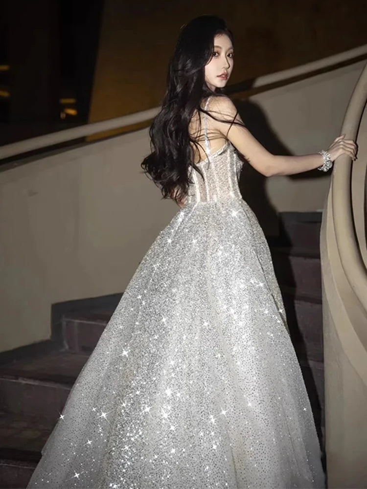 DEAT Fashion Silver Sequined Strapless Dress Women's Slach Neck Slim Fit High Big Swing Ankle-length Dresses New 7A438