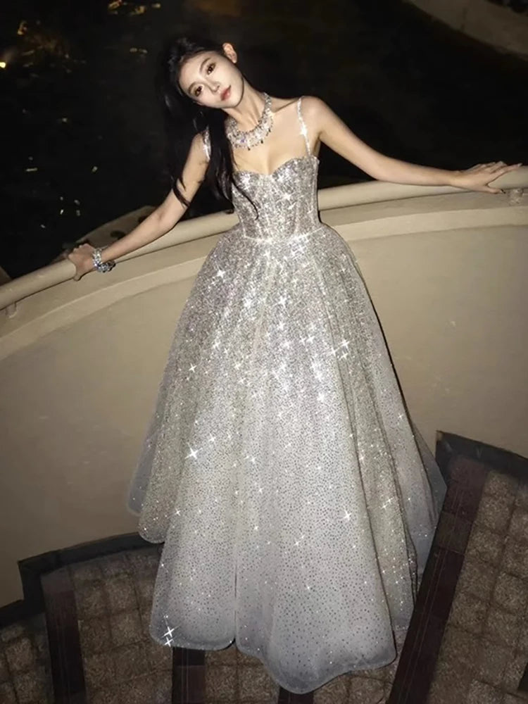 DEAT Fashion Silver Sequined Strapless Dress Women's Slach Neck Slim Fit High Big Swing Ankle-length Dresses New 7A438