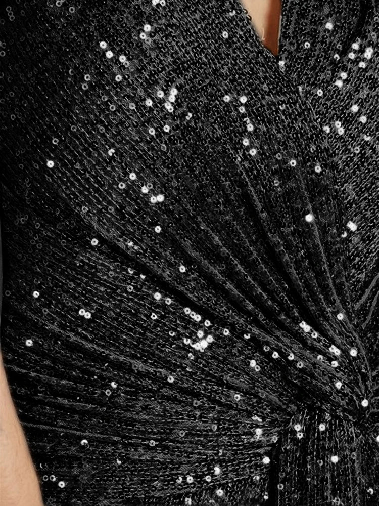 Luxury Floor Length V-Neck Evening Dresses Women Elegant Wedding Party Maxi Dress Sequins Short Sleeves Prom Cocktail Gowns