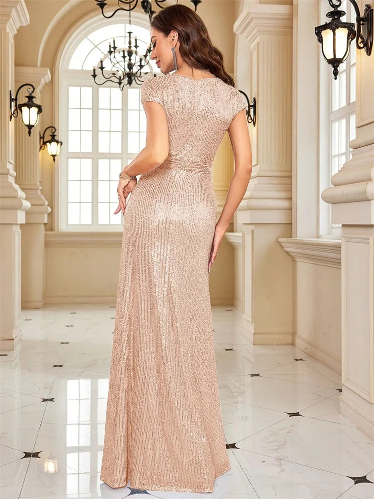 New Luxury Blue V-Neck Sequin Evening Dresses Elegant 2025 Women Party Maxi Dress Gowns Long Cocktail Dresses Gowns Prom