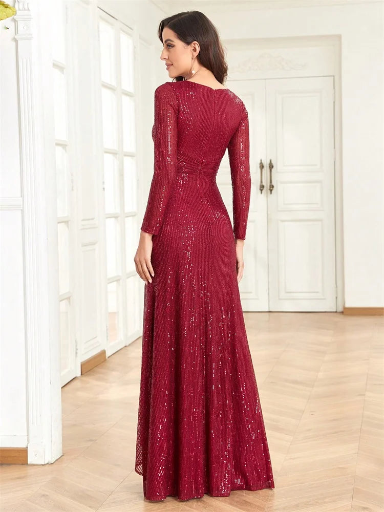 Luxury Long Sleeves V-Neck Sequins Evening Dresses Elegant Wedding Party Women Guests Prom Bridesmaid Cocktail Gowns