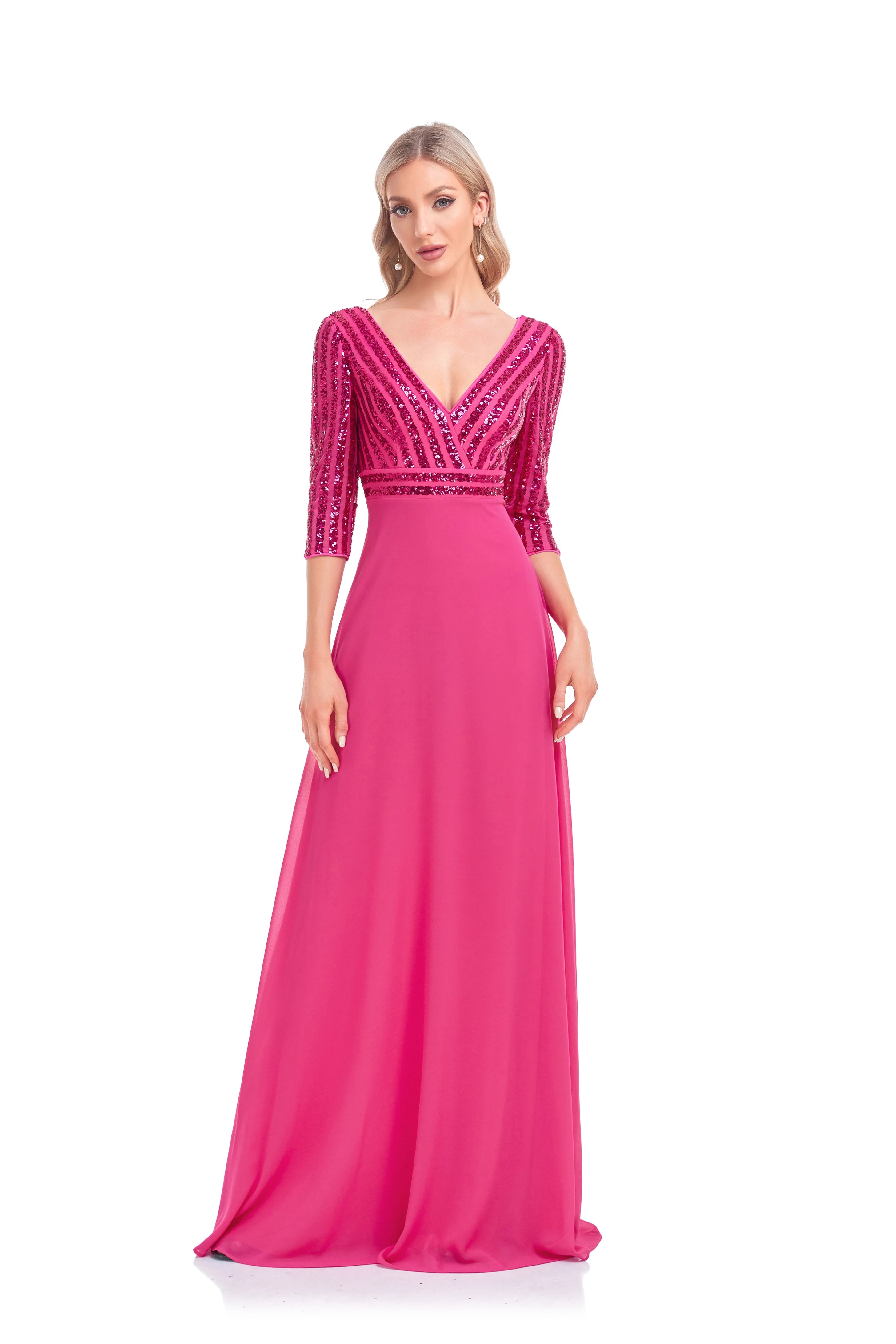 Elegant Sequined Long Sleeve Gown V Neck Pink Evening Dress Wedding Party Graduation Prom Dresses For Women 2025