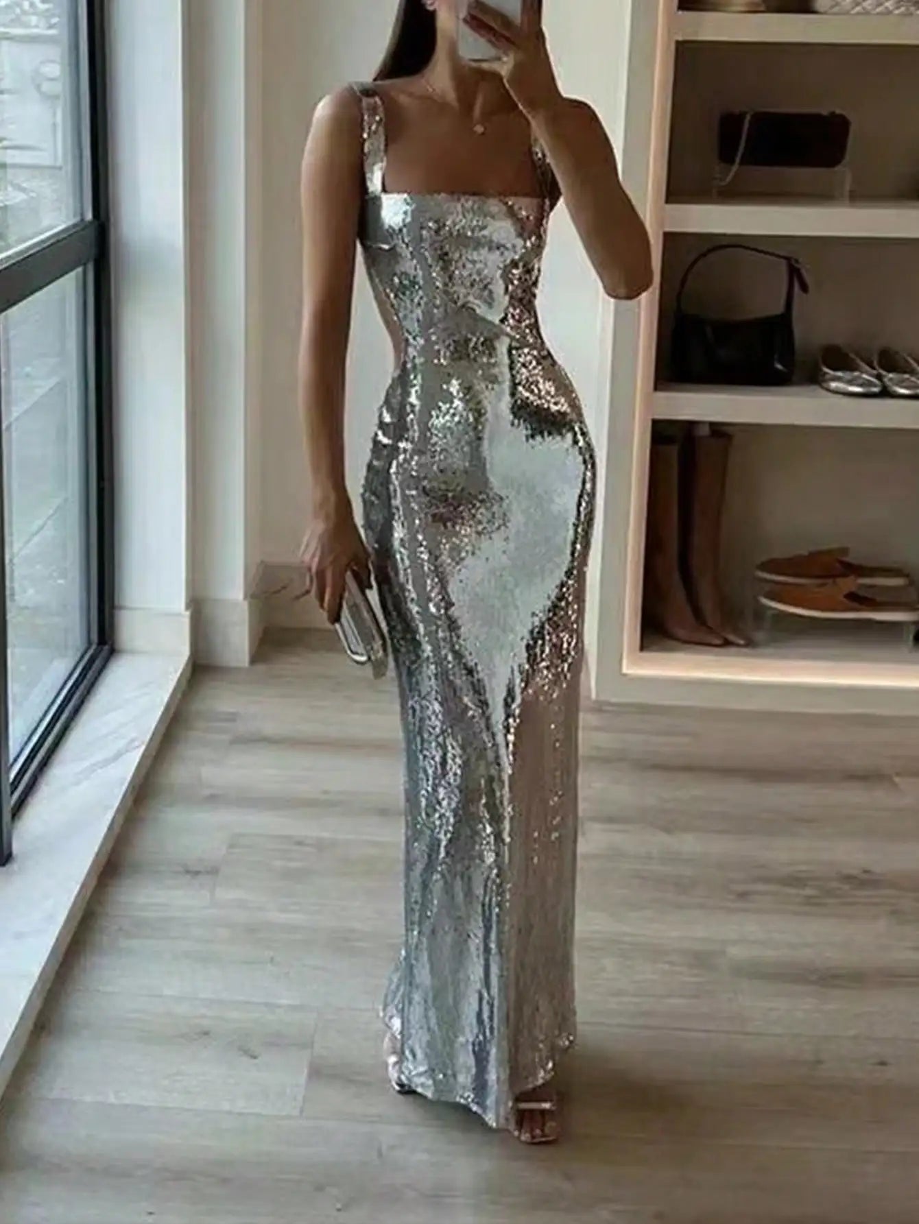 Silver Sequin Square Neck Sleeveless Fishtail Backless Evening Dress for Prom Wedding Guest