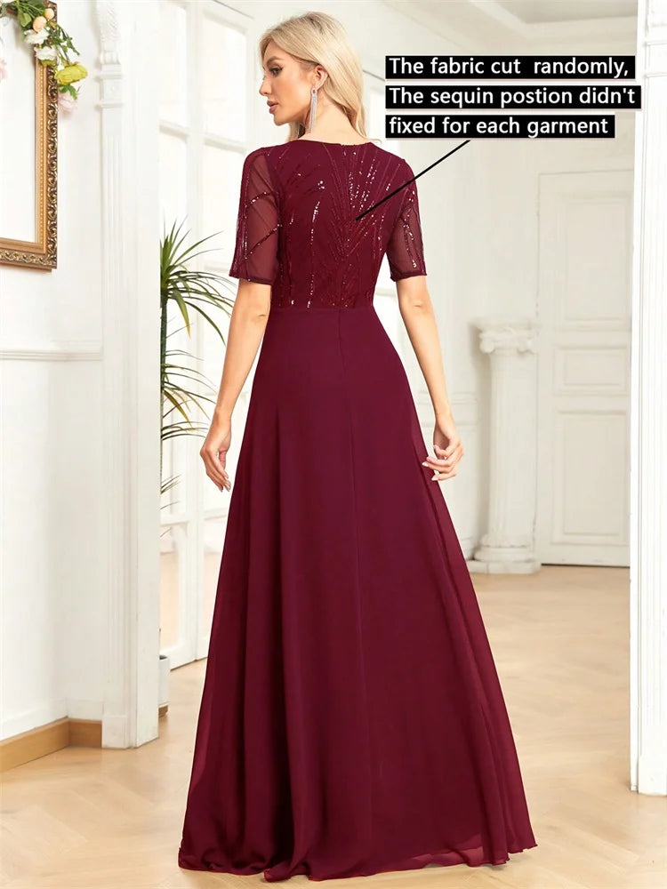 Elegant Short Sleeves Sequins Formal Evening Dresses Women Chiffon Mermaid Bridesmaid Party Maxi Prom Cocktail Gowns