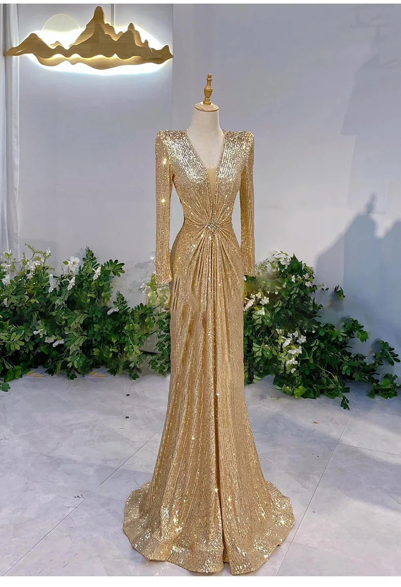 Sparkling sequin luxurious evening gown host, high temperament socialite evening vocal performance dress, long ball party dress