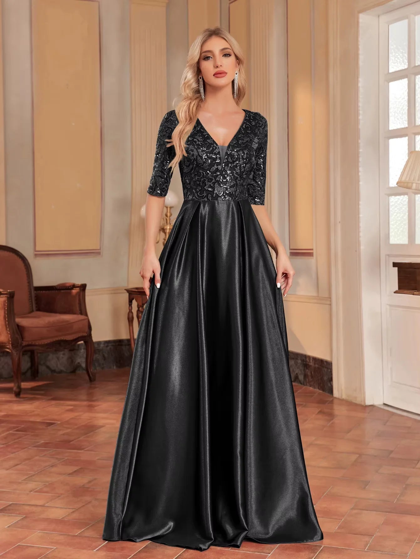 Luxury Black Short Sleeve Satin Splicing V-Neck Evening Dresses Women Sequins elegant Party Floor Lenght Cocktail Gowns