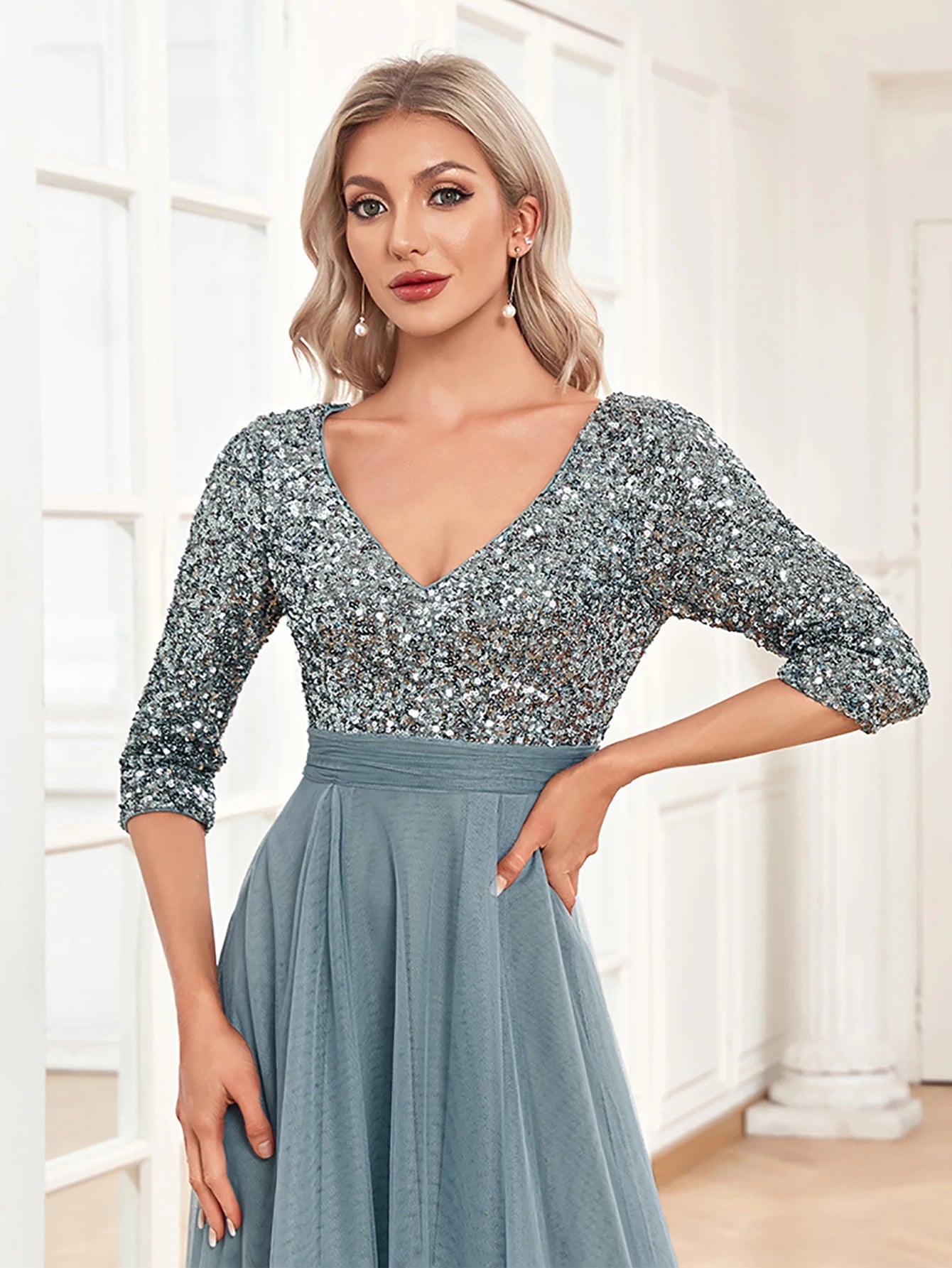 Luxury Floor Length V-Neck Tulle Splicing Evening Dress Women Elegant Party Maxi Sequins Short Sleeves Cocktail GownS