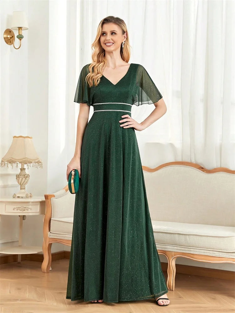 Elegant Short Sleeves Evening Dresses Women V-Neck Green Floor Lenght Shinning Slit Wedding Party Long Prom Graduation Gowns