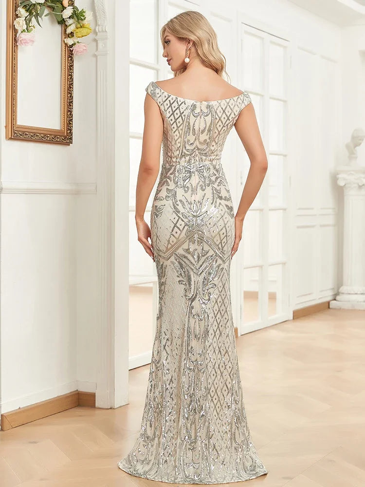 Elegant V Neck Silver Sequins Evening Dresses 2025 Women Sleeveless Party Maxi Mermaid Dress Long Luxury Prom Gown