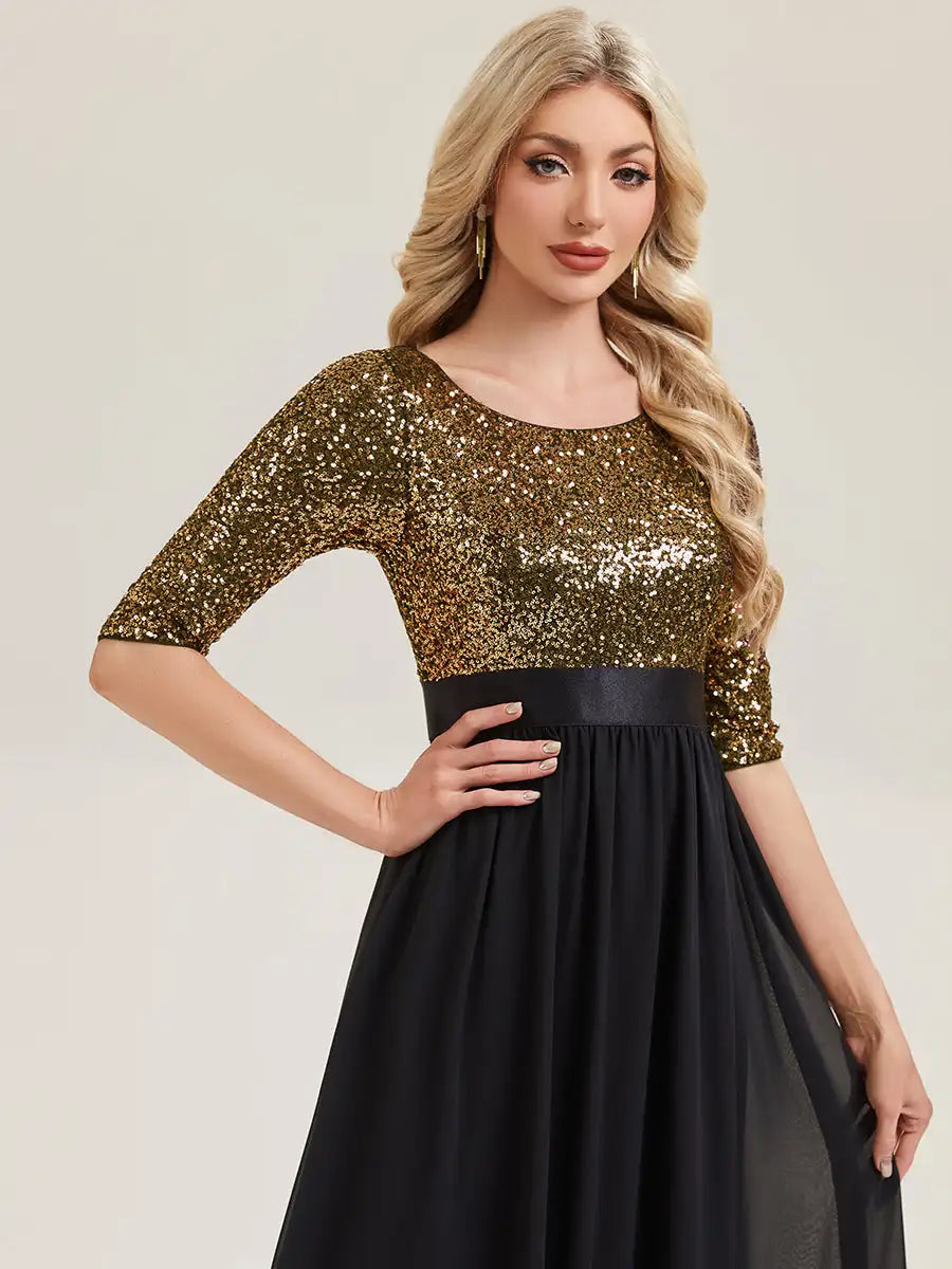 BAZIIINGAAA Party Dress 3/4 Sleeve Sequin Patchwork A-Line Floor Length Evening Dresses