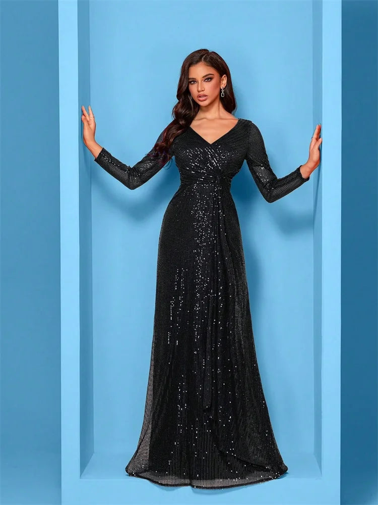 Luxury Long Sleeves V-Neck Sequins Evening Dresses Elegant Wedding Party Women Guests Prom Cocktail Gowns