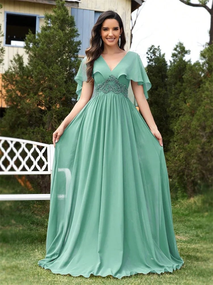 Elegant Chiffon Short sleeve Formal Evening Dresses Long 2025 Luxury Women Bridesmaid Party Dress Cocktail Prom Gowns