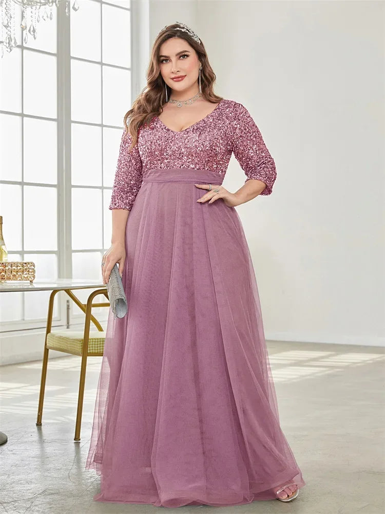 Plus Size Elegant V-neck Sequins Splicing Evening Dresses Luxury Women Wedding Party Prom Long Sleeve Cocktail Gowns