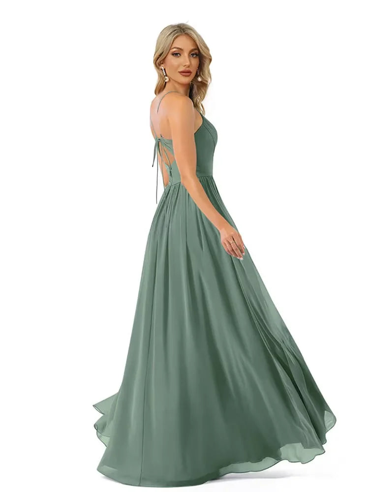 Elegant Sexy Suspenders Green Chiffon Evening Dress Long 2025 Bridesmaid Party Dress Women Formal Wedding Gown Cocktail Prom
