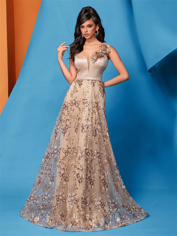 Elegant V-Neck Gold Floral Evening Dress Long 2024 Luxury Women Chiffon Sleevesless Party Dress Prom Cocktail Dress