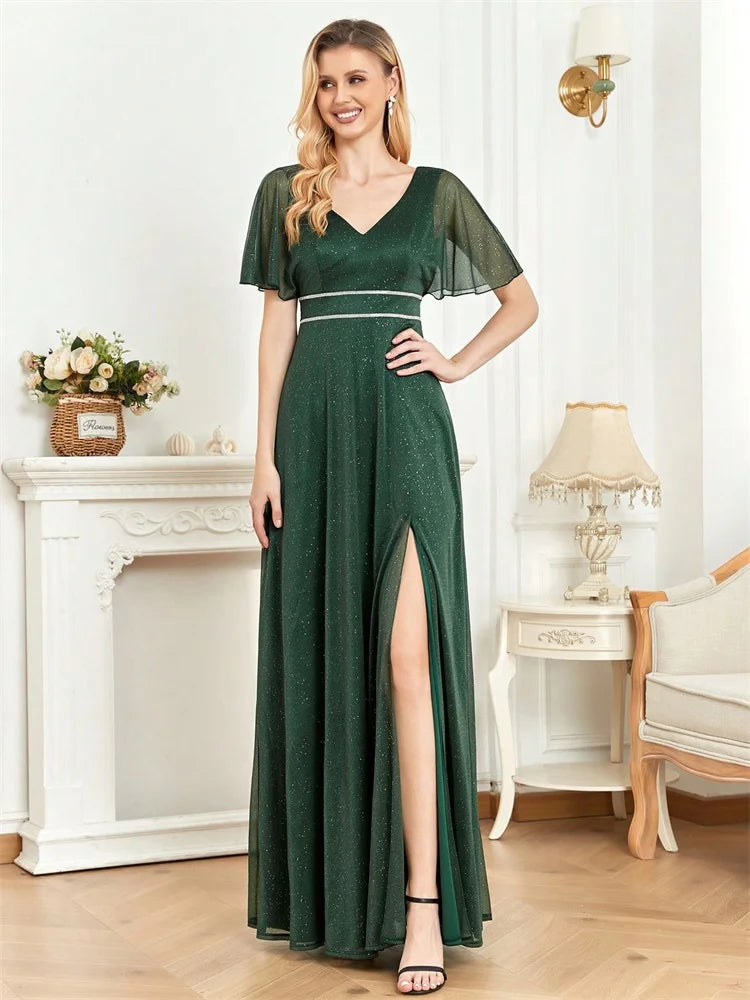Elegant Short Sleeves Evening Dresses Women V-Neck Green Floor Lenght Shinning Slit Wedding Party Long Prom Graduation Gowns