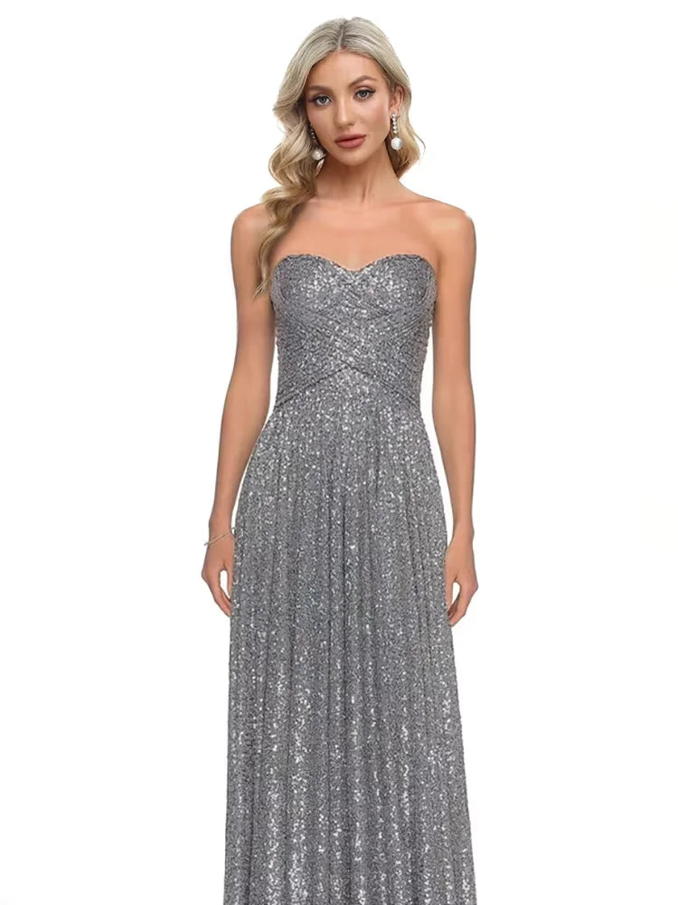 Luxury Silver Strapless Sequins Cocktail Mermaid Dresses Backless Women Wedding Party Prom Evening Gowns