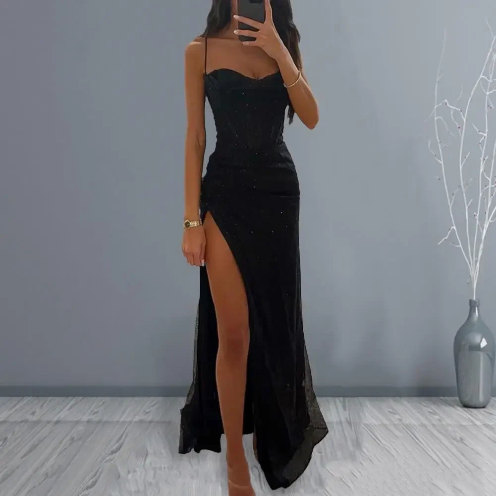 Women Evening Dress Spaghetti Strap Shiny Sequin Off Shoulder Sleeveless Low-cut High Split Loose Floor Length Women Prom Dress