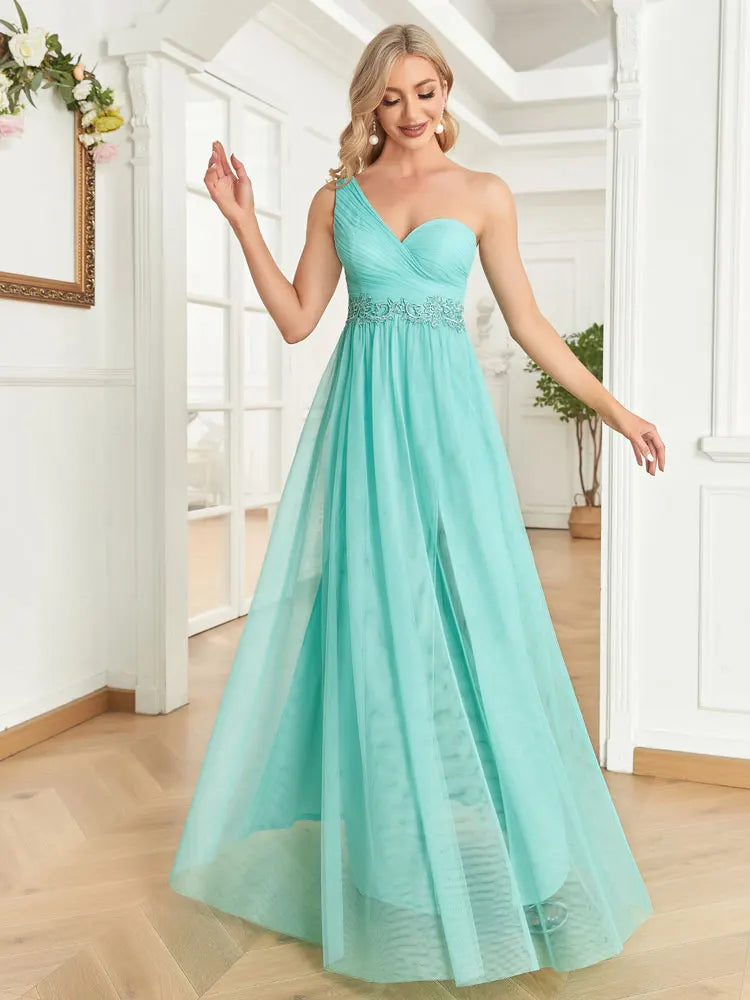 Luxury Slanted shoulder Sequins Tulle Maxi Evening Dresses Waist-cinching mermaid Wedding Party Night Elegant Cocktail Gown