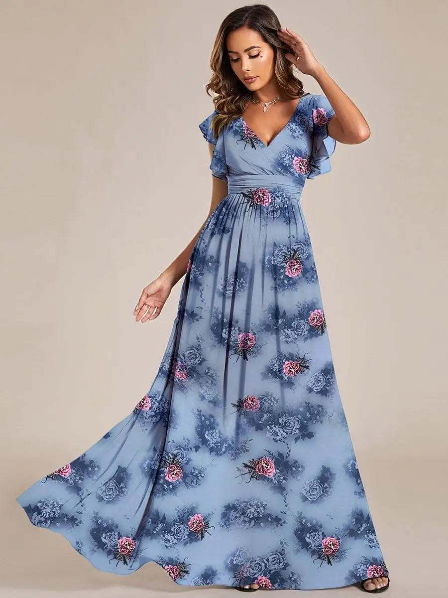 BAZIIINGAAA Party Dress Floral V-Neck Open Back Ruffled Sleeves Chiffon Bridesmaid Dress Evening dress