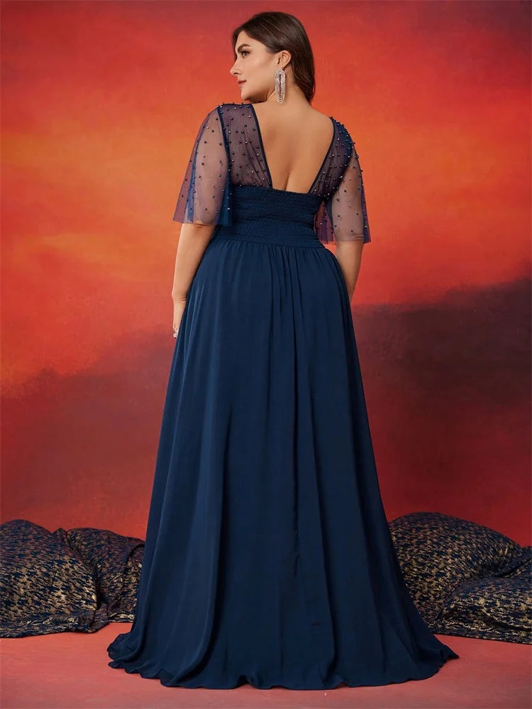 Plus Size Luxury V-Neck Chiffon Blue Evening Dress Women Elegant V-back Wedding Party Long Prom Cocktail Dress